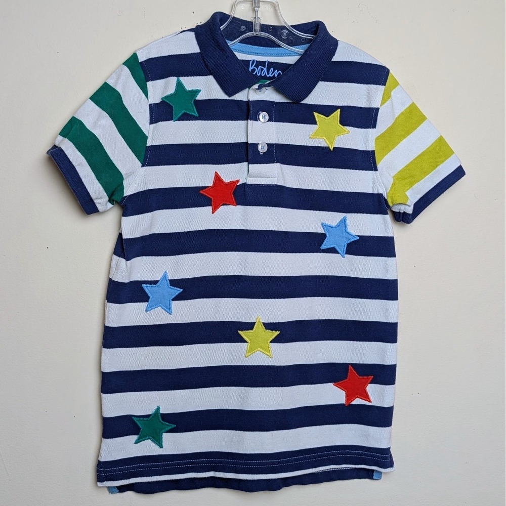 Mini Boden Star Applique Striped Polo Shirt Top Boys Size 7-8 Years